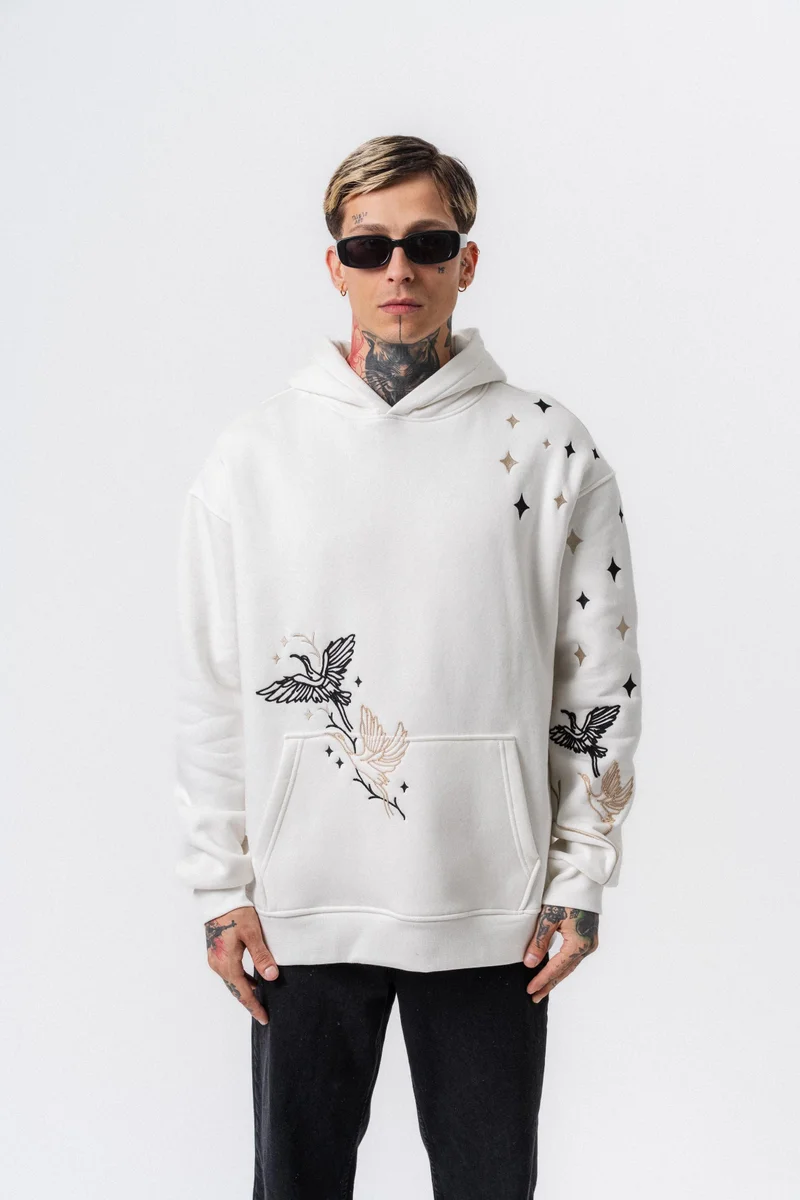 RESPIRE Men's No Perch Embroidered Hooded Oversize Hoodie Ecru