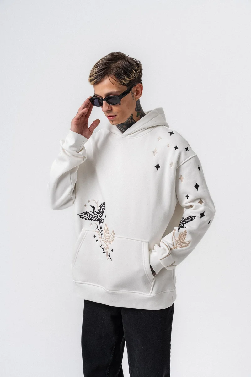 RESPIRE Men's No Perch Embroidered Hooded Oversize Hoodie Ecru