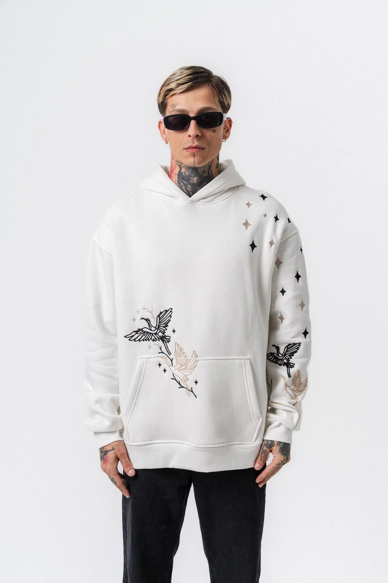 RESPIRE Men's No Perch Embroidered Hooded Oversize Hoodie Ecru