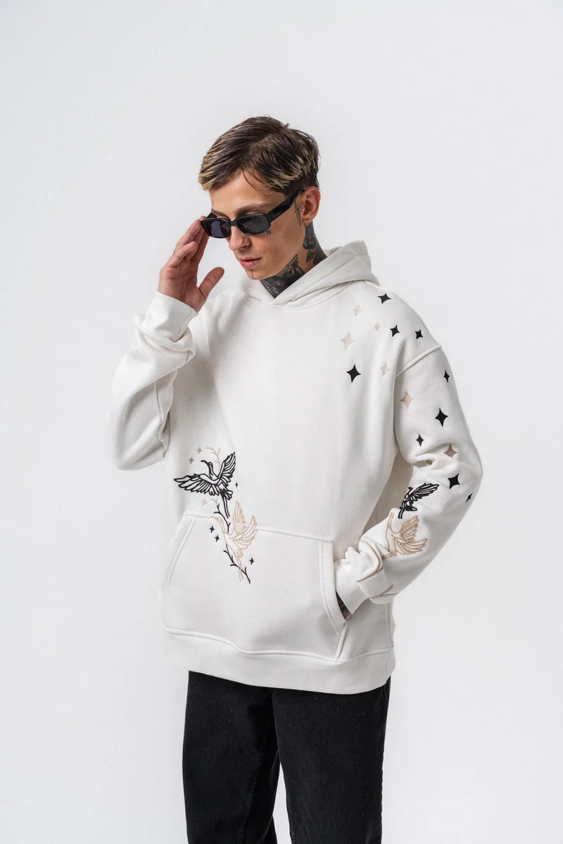 RESPIRE Men's No Perch Embroidered Hooded Oversize Hoodie Ecru