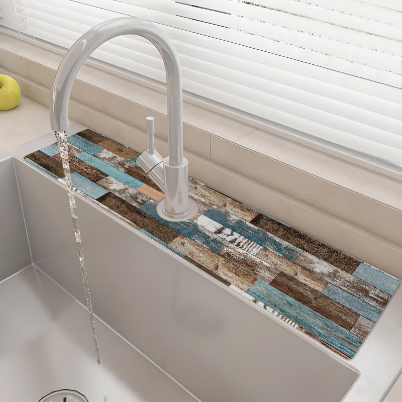 yrhsnclsdg 24" X 5.5" Kitchen Sink Splash Guard Faucet Mat Wood Grain Super Absorbent Fast Drying Faucet Guard & Draining Mat Sink Splash Guard Behind Faucet for Kitchen, Bathroom - Image 1