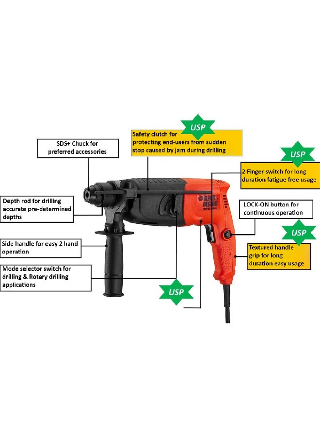 BLACK+DECKER 20 mm 620W 2 Mode 2 Kg SDS + Hammer + Kitbox, BDHR202K-B5 Orange/Black - Image 3