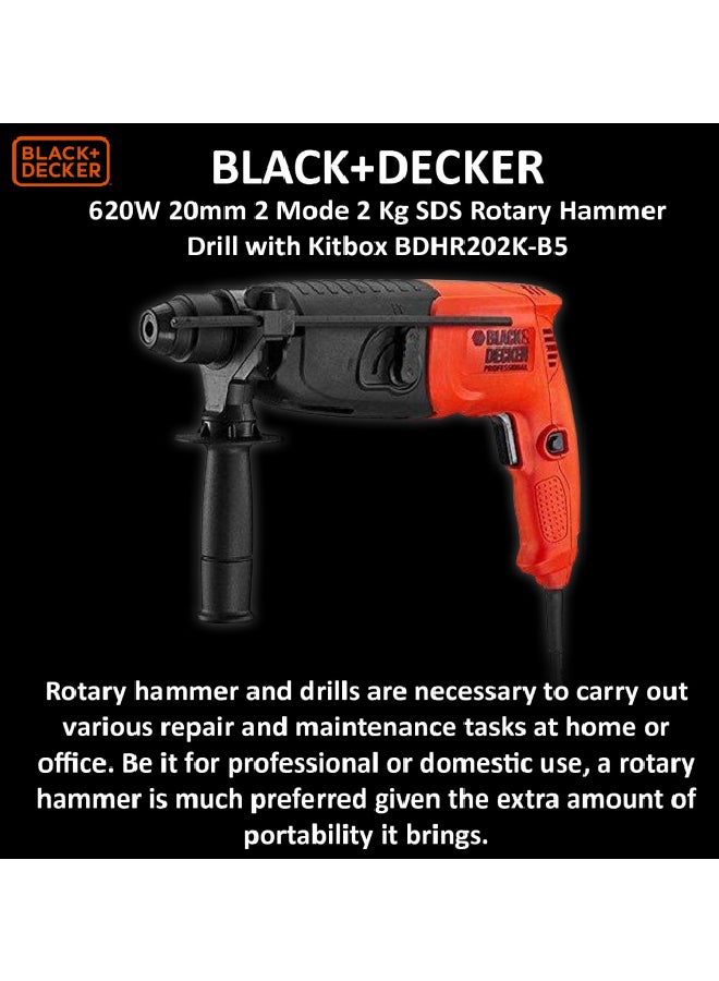BLACK+DECKER 20 mm 620W 2 Mode 2 Kg SDS + Hammer + Kitbox, BDHR202K-B5 Orange/Black - Image 2