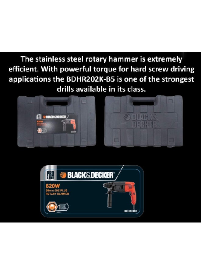 BLACK+DECKER 20 mm 620W 2 Mode 2 Kg SDS + Hammer + Kitbox, BDHR202K-B5 Orange/Black - Image 5