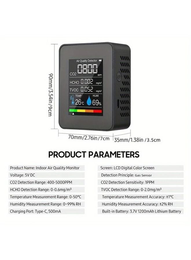 Black 5 In 1 Air Quality Monitor CO2 Formaldehyde Temperature Humidity TVOC Detector - Image 3
