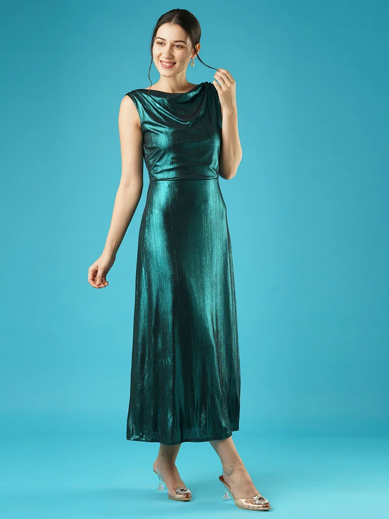 globus Women Shiny Cowl Neck Side Slit Knitted A-Line Midi Party Dress