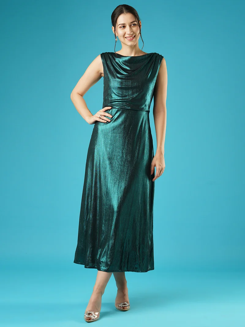 globus Women Shiny Cowl Neck Side Slit Knitted A-Line Midi Party Dress