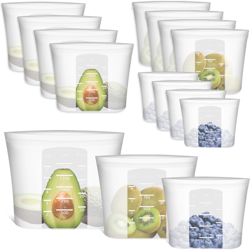 Annaklin Reusable Storage Bag, 12 Pack 100% Silicone Food Storage Bags Stand Up Silicone Zip Lock Bags for Food Container, Freezer Microwave Oven Dishwasher Safe, 4 Medium 4 Small 4 Extra Small, Translucent - Image 1