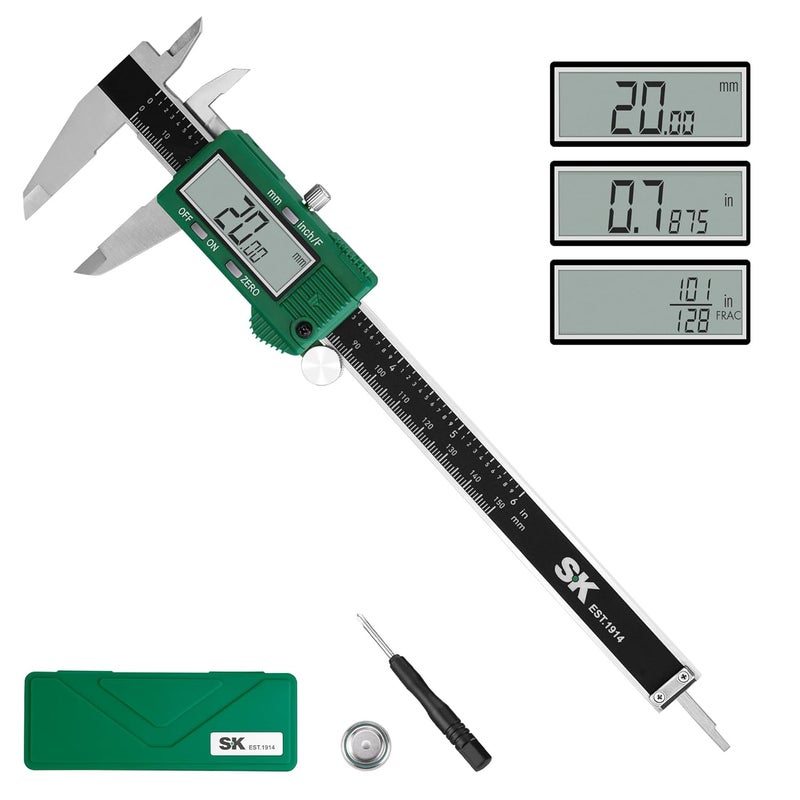 SK 6-Inch/150 mm Digital Calipers, Vernier Caliper with Large LCD Screen, Caliper Measuring Tool with Auto-Off Feature, Inch/Millimeter/Fraction Conversion, ±0.001"/0.03 mm Accuracy - Image 1