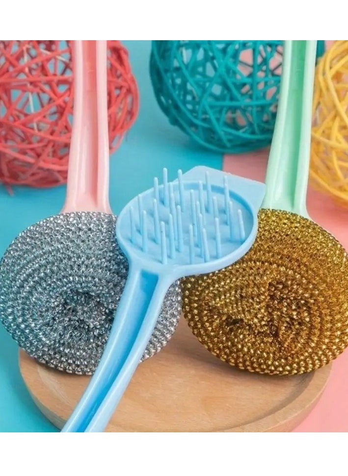 Generic Dishwashing Scrubber Brush with 3 Replaceable Steel Sponges - Ergonomic Handle & Random Color  - Image 3