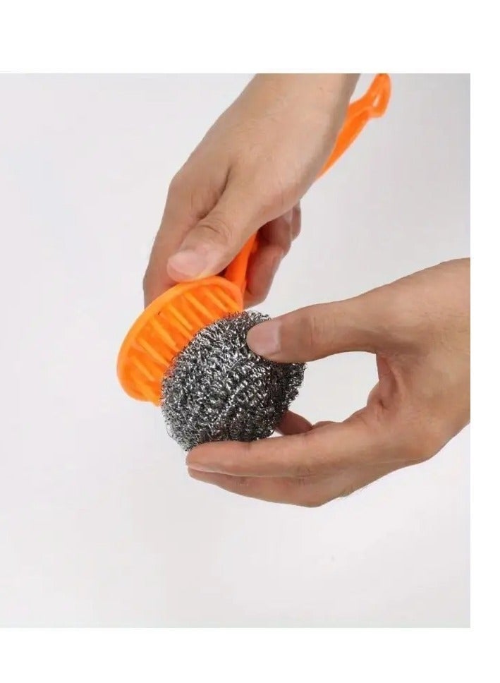 Dishwashing Scrubber Brush with 3 Replaceable Steel Sponges - Ergonomic Handle & Random Color - Image 4