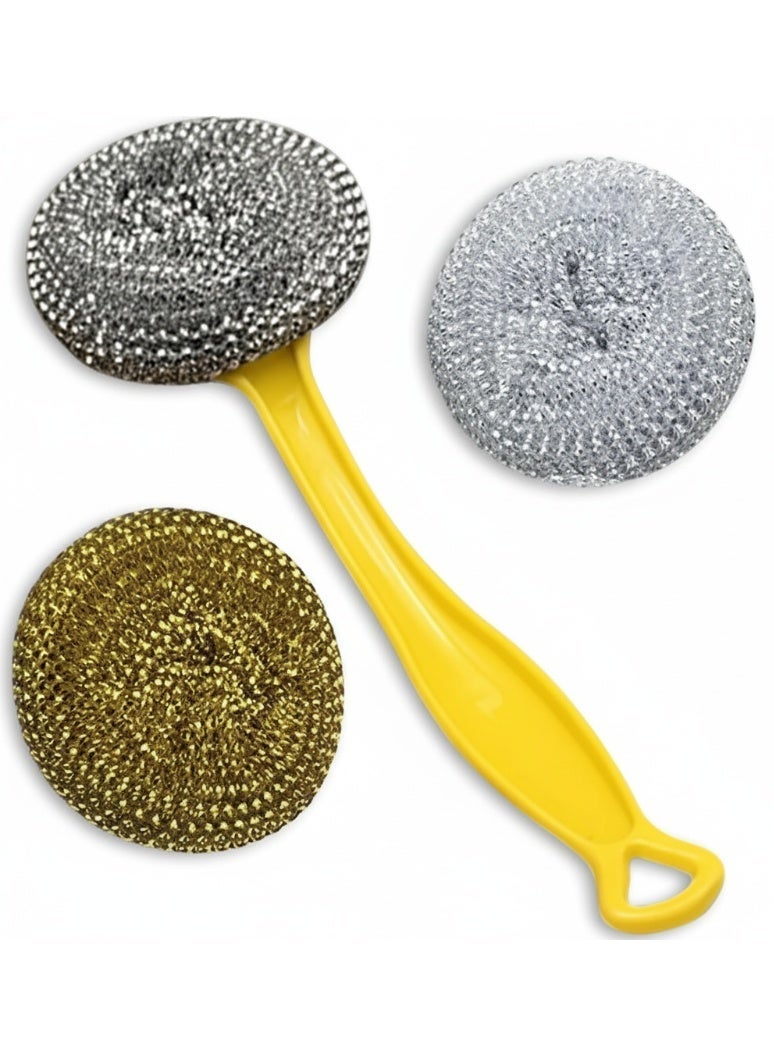 Dishwashing Scrubber Brush with 3 Replaceable Steel Sponges - Ergonomic Handle & Random Color - Image 5