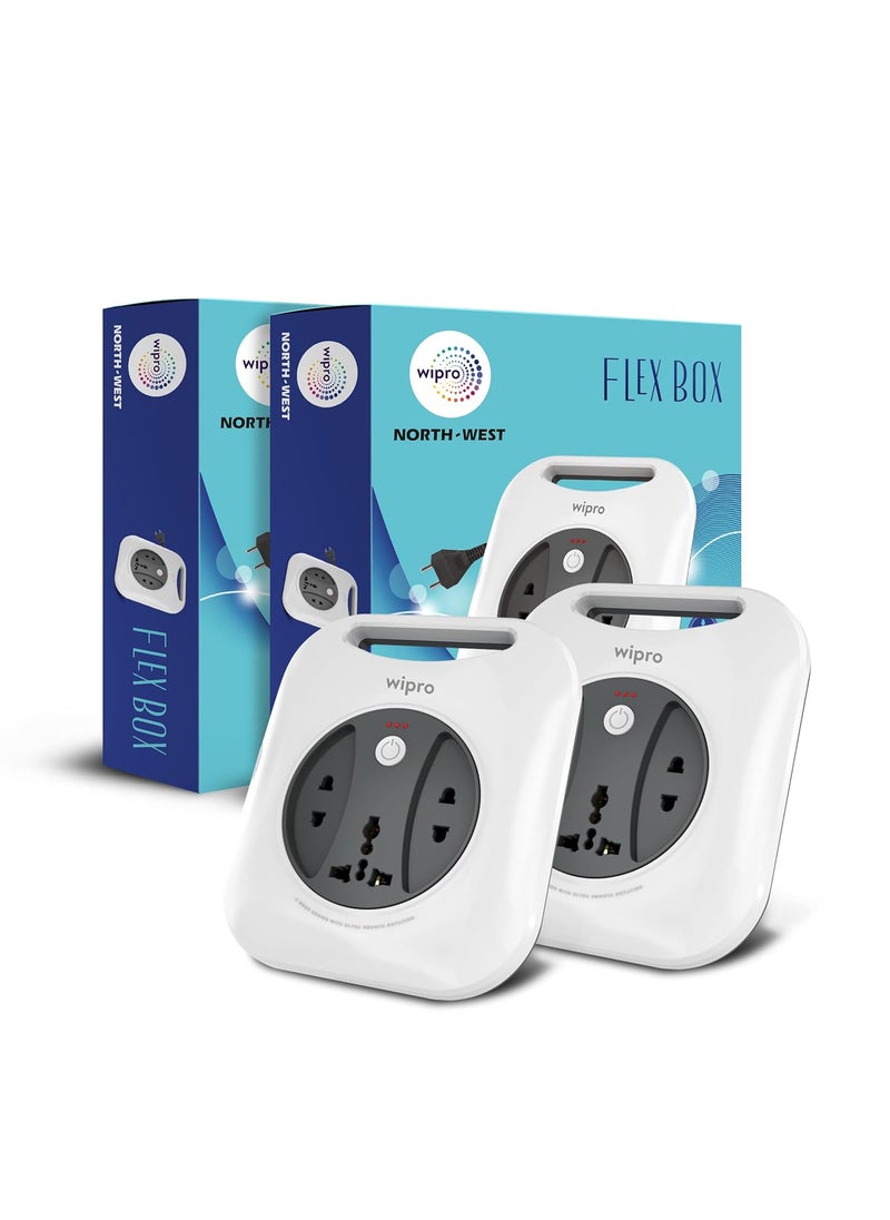 WIPRO Wipro Flex Box Extension Cord with 1 Universal 3 Pin Socket 2 units of 2 Pin Socketswith Master Switch Indicator 4 mtr long copper wire Power Strip for Home Office Pack of 2 Grey White  - Image 1