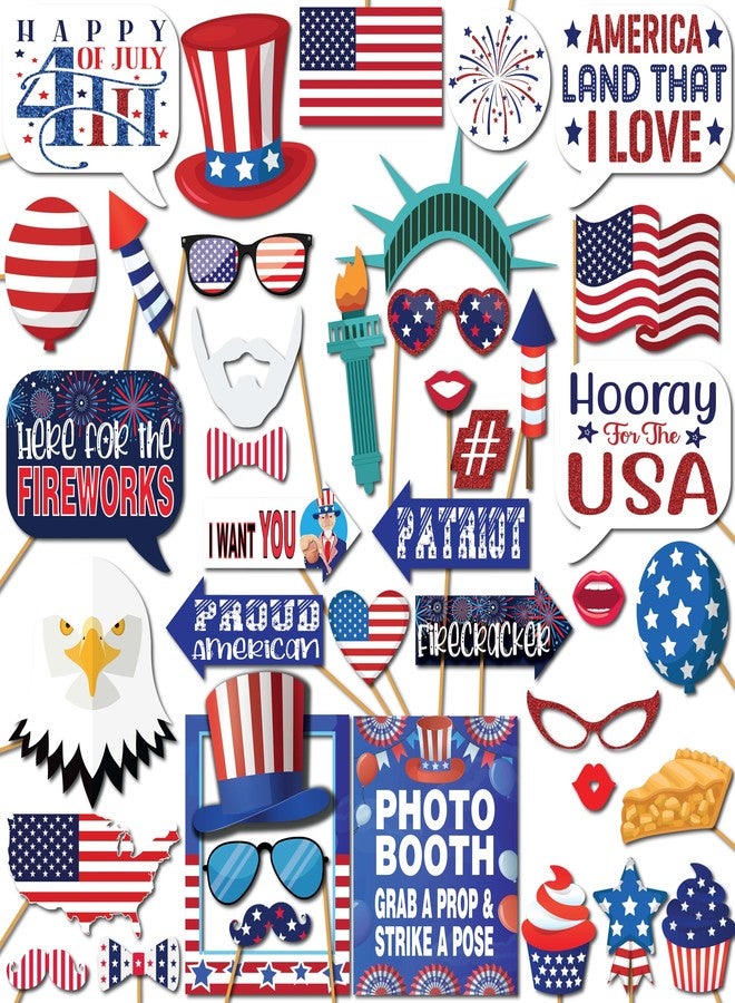 Outside The Booth 4th of July Photo Booth Props - 41-pc Photobooth Kit with 8 x 10-Inch Sign, 60 Adhesive Pads, 45 Sticks - 4th of July Party Decorations - Patriotic Party Supplies - American Party Decorations - Image 1