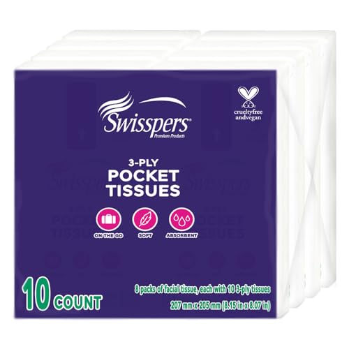 Swisspers Pocket Tissues, 3-Ply White Facial Tissues for Purse, Pocket, Car, Strong & Absorbent, 10 Tissues/Pack, 8 Packs (80 Tissues Total) - Image 1