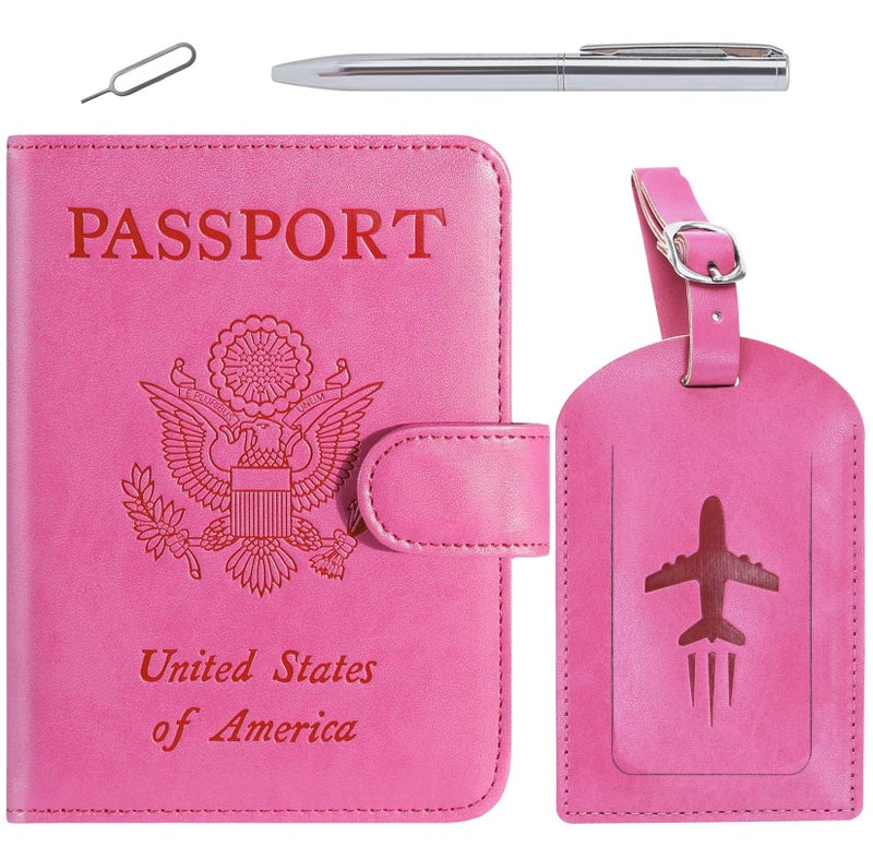 PASCACOO Passport Holder With Luggage Tag Cover Wallet RFID Blocking Leather Case Travel Essentials Accessories Travel Must Have(114#Pink) - Image 1