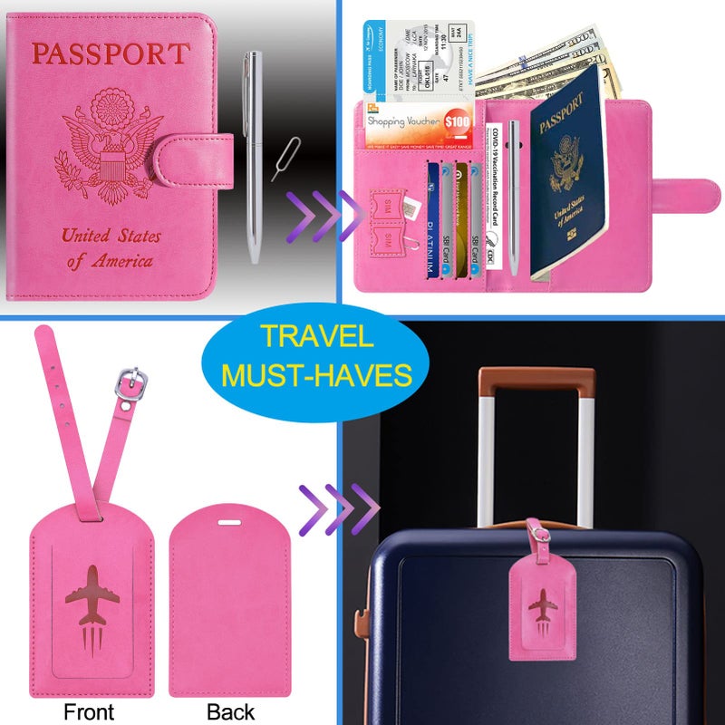 PASCACOO Passport Holder With Luggage Tag Cover Wallet RFID Blocking Leather Case Travel Essentials Accessories Travel Must Have(114#Pink) - Image 2