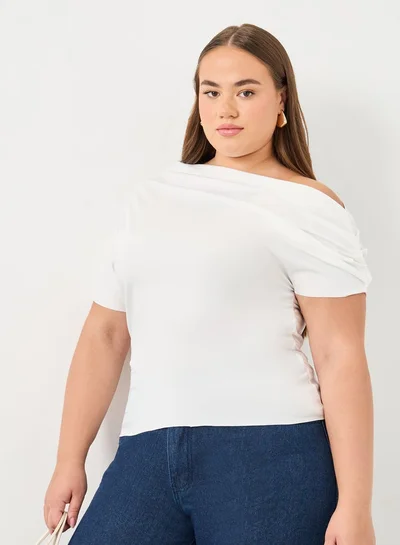 Styli Plus Top with Asymmetric Neck and Short Sleeve
