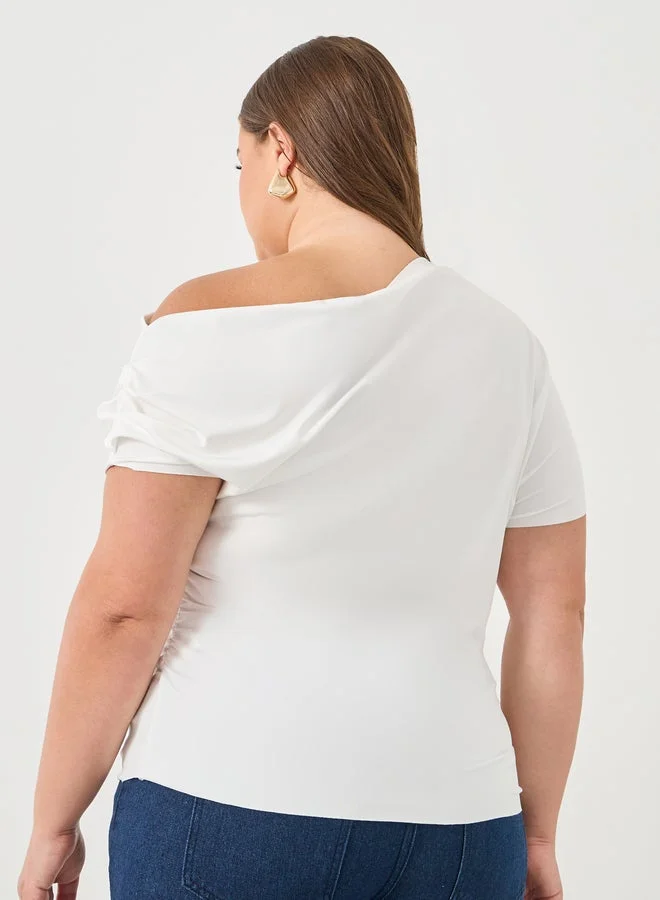 Styli Plus Top with Asymmetric Neck and Short Sleeve