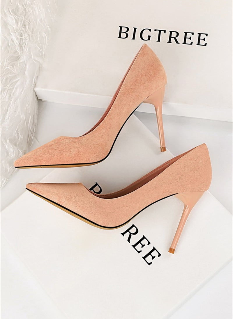 BIGTREE حذاء نسائي أنيق بسيط بكعب رفيع وفم ضحل ومدبب بكعب عالٍ 9 سم باللون الوردي - Image 2
