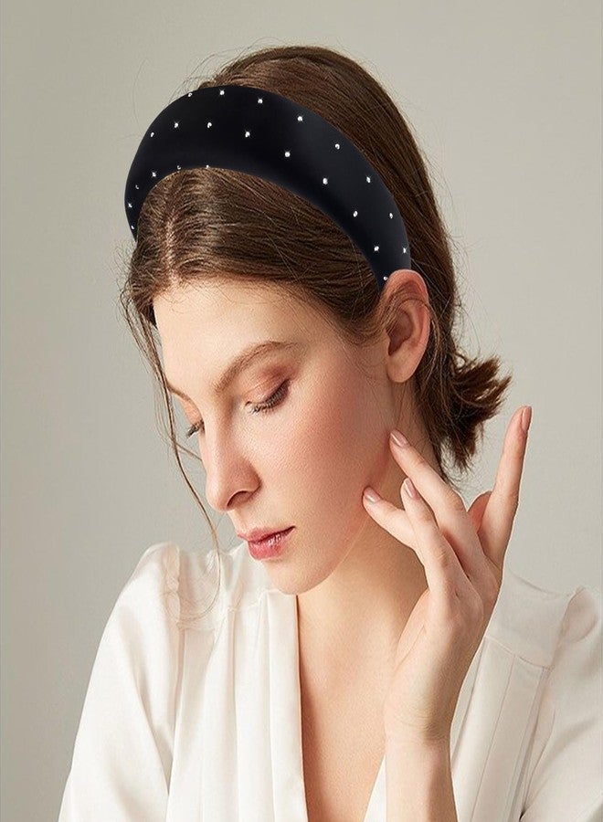 PLwelth Black Padded Headband for Women Girls Sparkle Soft Satin Hairband No Slip Wide Headbands for Thin Thick Hair Vintage Plain Solid Hairband Hoops Trendy Hair Accessories for Party Decor - Image 2