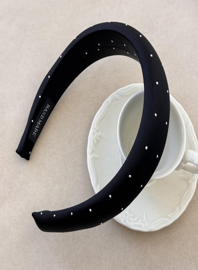 PLwelth Black Padded Headband for Women Girls Sparkle Soft Satin Hairband No Slip Wide Headbands for Thin Thick Hair Vintage Plain Solid Hairband Hoops Trendy Hair Accessories for Party Decor - Image 3