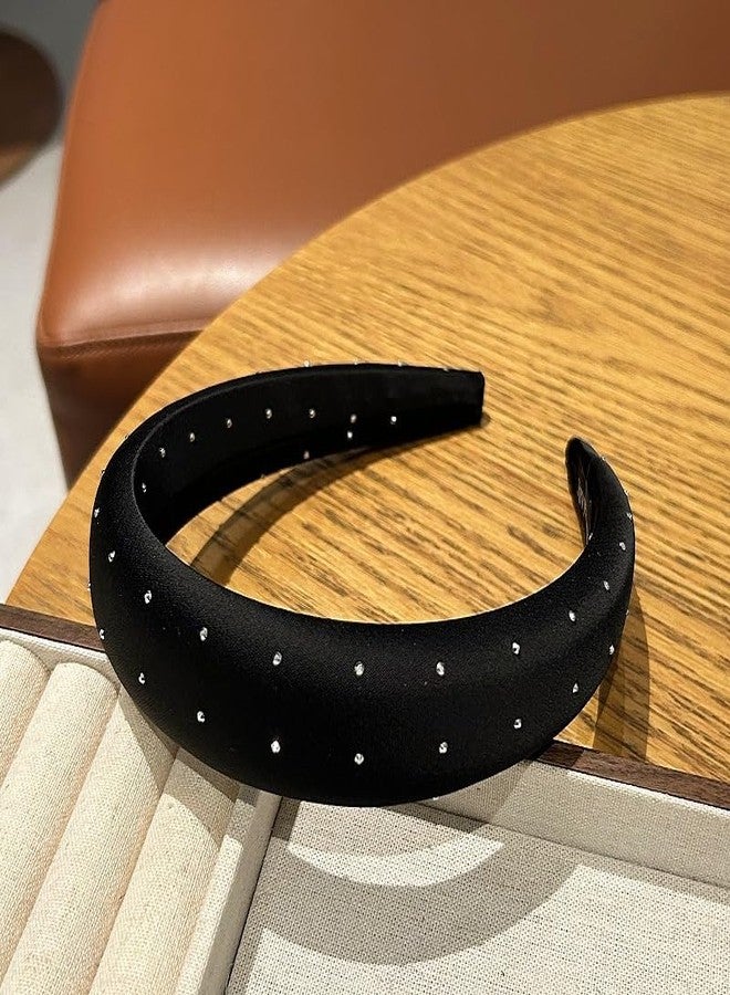PLwelth Black Padded Headband for Women Girls Sparkle Soft Satin Hairband No Slip Wide Headbands for Thin Thick Hair Vintage Plain Solid Hairband Hoops Trendy Hair Accessories for Party Decor - Image 4