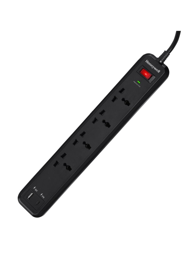 هوني ويل Honeywell Surge Protector، مفتاح رئيسي، 4 مقابس عالمية، 15000 أمبير، سلك 2 متر، ضمان أمان الجهاز، حماية تلقائية من التحميل الزائد، ضمان 3 سنوات - Image 1