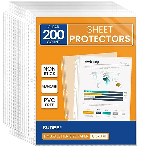 SUNEE Sheet Protectors 200 Packs for 3 Ring Binder, PVC-Free Clear Page Protectors 8.5x11 Inches Plastic Cover for Paper, Documents, Photos, Top Loading Binder Sleeves Letter Size - Image 1