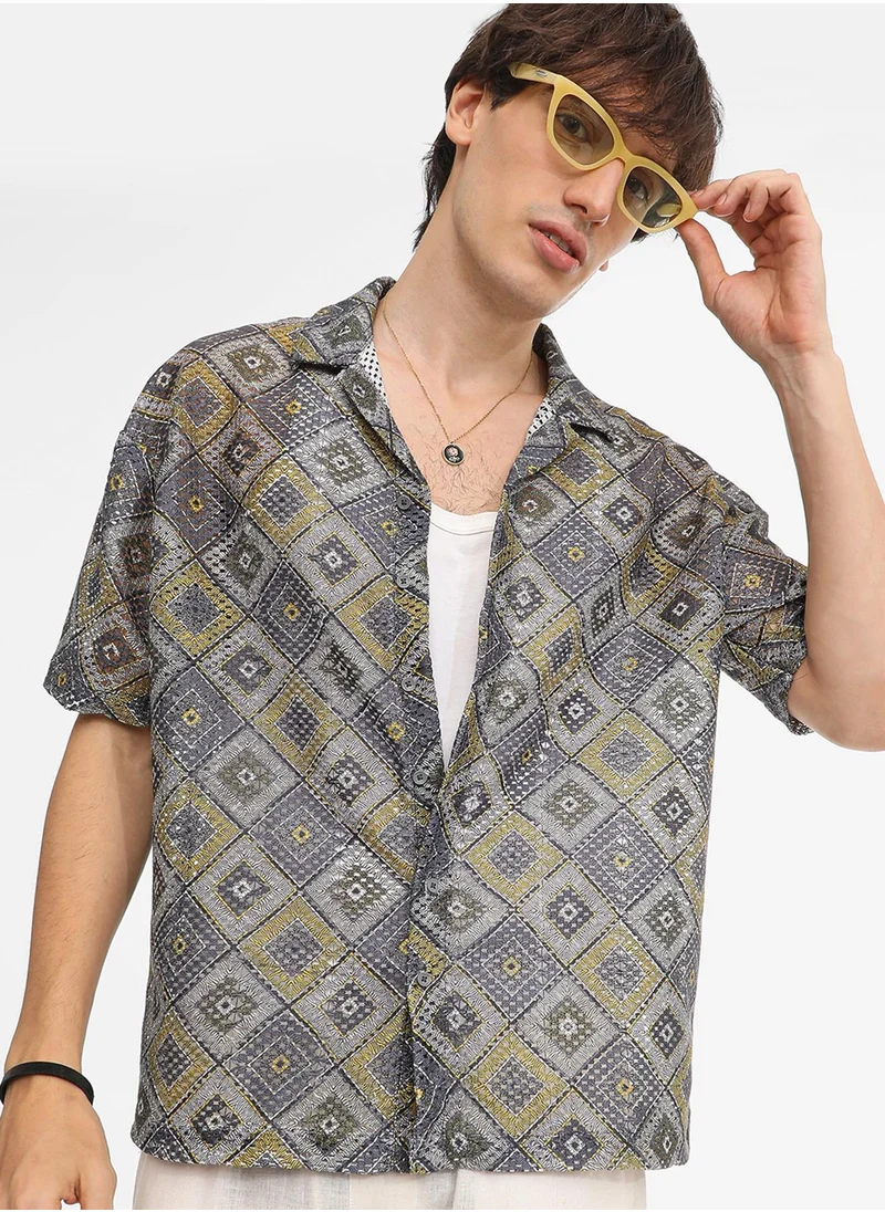 كامبوس سوترا Men's Lapis Blue & Yellow Ochre Geometric Block Oversized Shirt