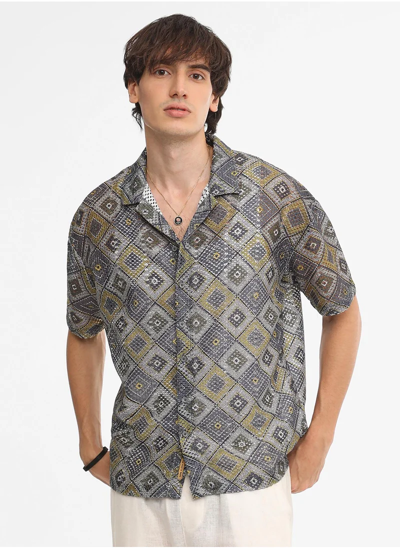 كامبوس سوترا Men's Lapis Blue & Yellow Ochre Geometric Block Oversized Shirt