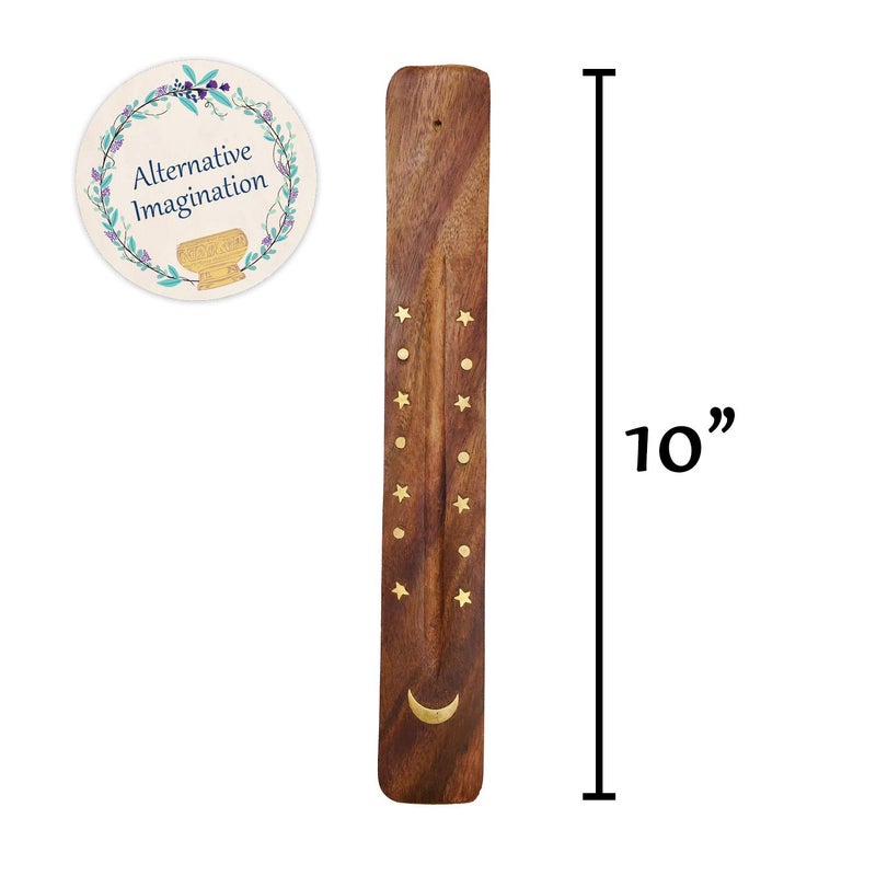 Alternative Imagination Moon and Stars Incense Holder - Wooden Ash Catcher with Celestial Design for Single Incense Sticks - Meditation Accessories, Spiritual Decor, Home Fragrance, Room Decor (10 Inches Long) - Image 4