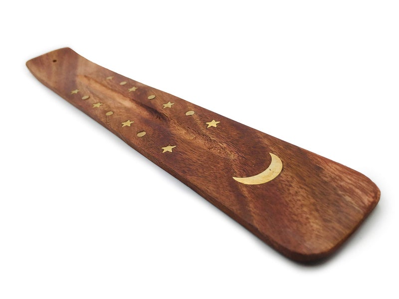 Alternative Imagination Moon and Stars Incense Holder - Wooden Ash Catcher with Celestial Design for Single Incense Sticks - Meditation Accessories, Spiritual Decor, Home Fragrance, Room Decor (10 Inches Long) - Image 2