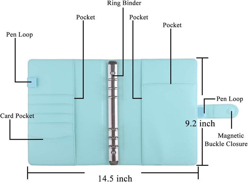 Antner A5 Notebook Binder 6 Ring Refillable Budget Planner Cover for Cash Organizer, PU Leather Loose Leaf Photocard Holder Aesthetic Binder with Magnetic Buckle for A5 Planner Inserts, Mint Blue - Image 2