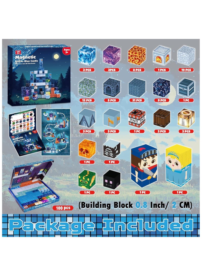 Magnetic Blocks - 100 PCS Build Blue Castle - Magnetic Toys for Toddler Birthday Gifts - STEM Sensory Toys for 3 4 9 10 Year Old Boys & Girls  - Image 2