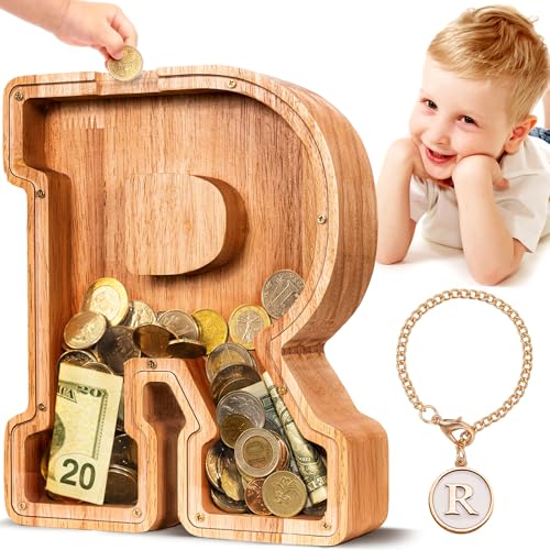 SummiDate Wooden Letter Piggy Bank| Piggy Bank for Boys Girls Toddler| Alphabet R Money Bank| Coin Bank Birthday Gift for Kids|Birthday Gift for Kids (R) - Image 1