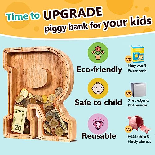 SummiDate Wooden Letter Piggy Bank| Piggy Bank for Boys Girls Toddler| Alphabet R Money Bank| Coin Bank Birthday Gift for Kids|Birthday Gift for Kids (R) - Image 5