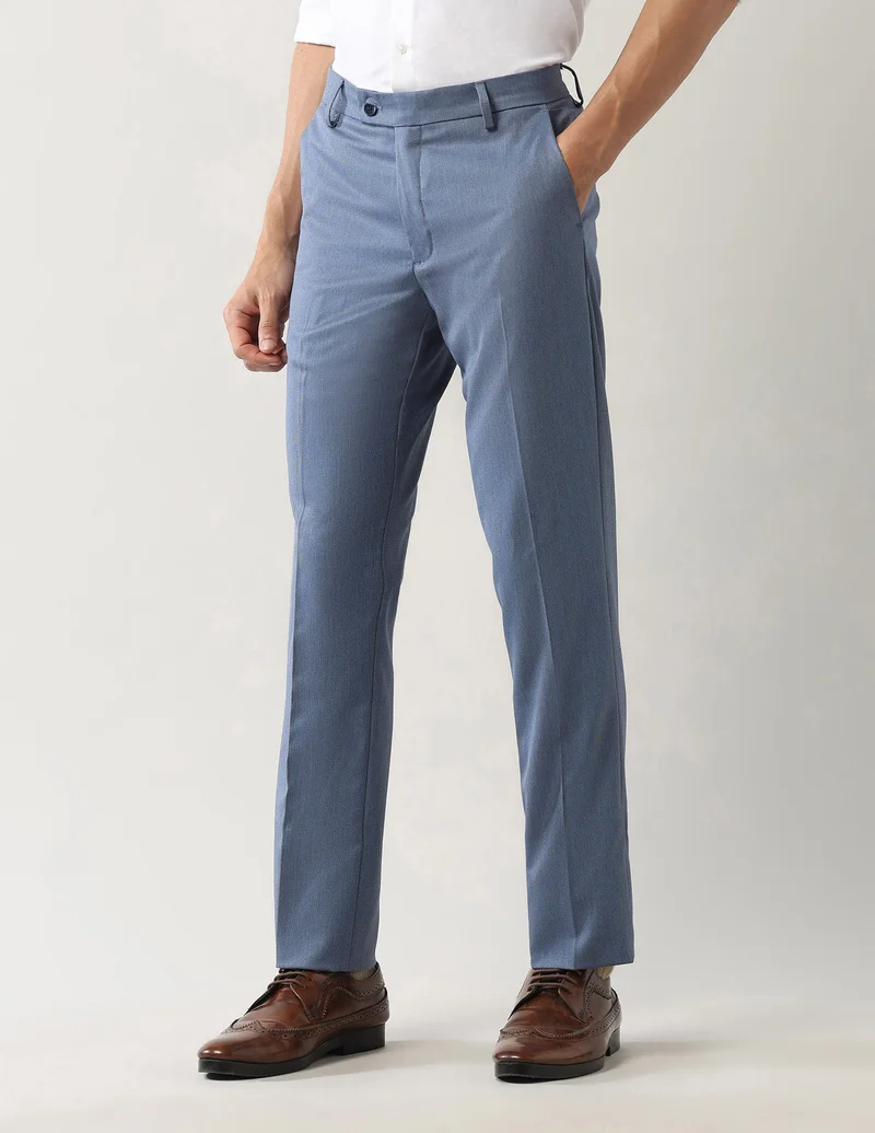 Arrow Blue Mid Rise Smartflex Dobby Trousers for Men | Best Price UAE