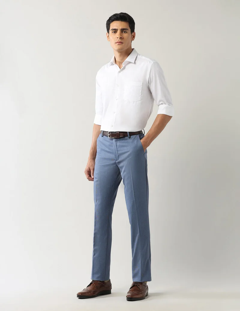 Arrow Blue Mid Rise Smartflex Dobby Trousers for Men | Best Price UAE