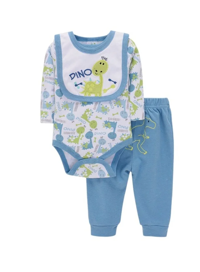 Bambimici Bambimici Dinosaur Print Long Sleeve Bodysuit with Pyjama - Blue