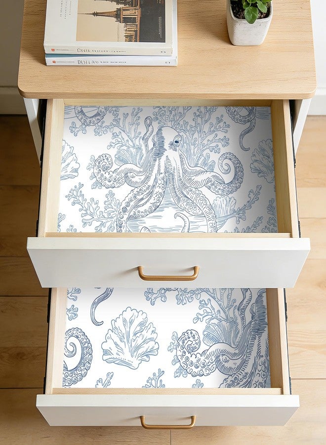 HelloWall Fantasy Ocean Wallpaper Peel and Stick Blue Octopus Coral Reef Sea Animal Coastal Toile Wallpaper Self Adhesive Blue and White Whimsical Vintage Nautical Fun Contact Paper Removable 17.5x80" Hellowall - Image 2