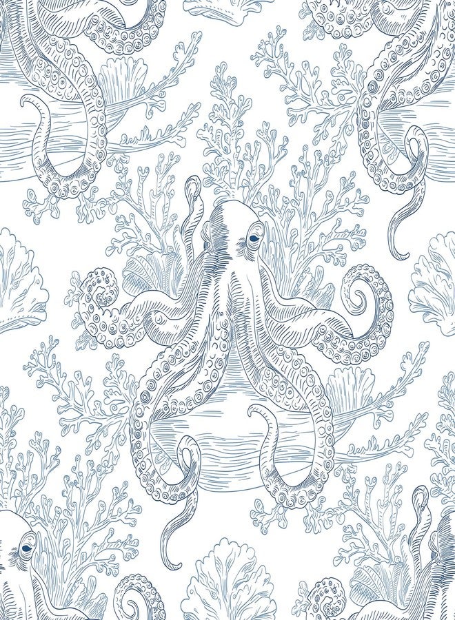 HelloWall Fantasy Ocean Wallpaper Peel and Stick Blue Octopus Coral Reef Sea Animal Coastal Toile Wallpaper Self Adhesive Blue and White Whimsical Vintage Nautical Fun Contact Paper Removable 17.5x80" Hellowall - Image 1