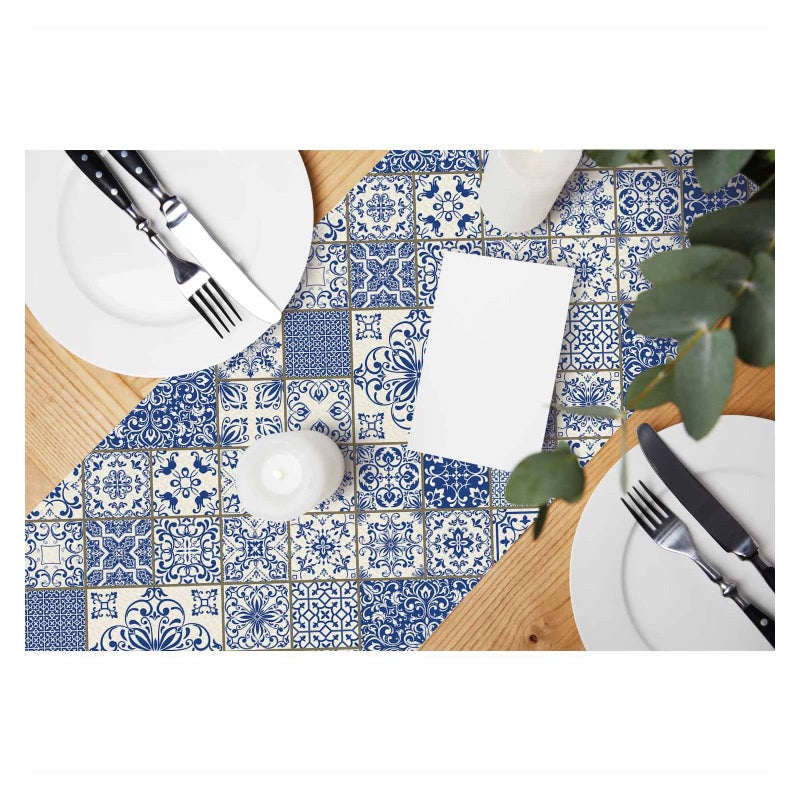 HOSNYE HOSNYE Table Runner Blue White Patchwork Tile in Spanish StyleCotton Linen Table Runner Decoration for Kitchen Family Dinner Table Holiday Party Farmhouse Style 13 x 72 Inch 