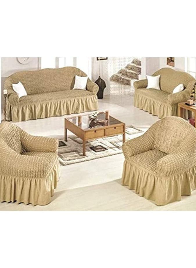 ماركة غير محددة - طقم كسوة كنب أنتريه ، موديل تركي ، أربعة قطع ، مكون من 1 غطاء كنبه ثلاث مقاعد و 1 غطاء كنبه مقعدين و 2 كرسي ، لون ذهبي - Image 1
