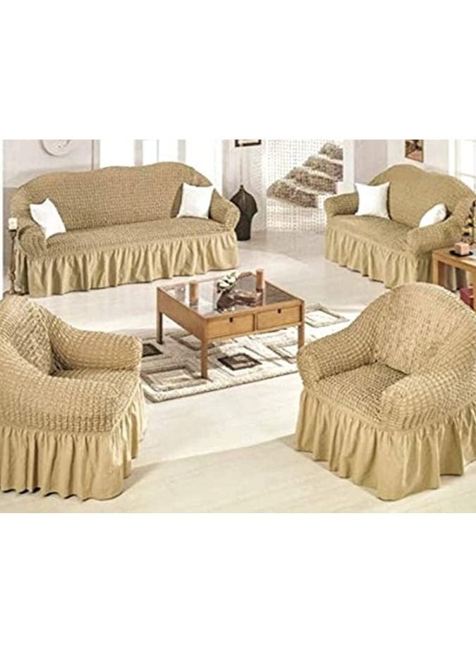 ماركة غير محددة - طقم كسوة كنب أنتريه ، موديل تركي ، أربعة قطع ، مكون من 1 غطاء كنبه ثلاث مقاعد و 1 غطاء كنبه مقعدين و 2 كرسي ، لون ذهبي - Image 1