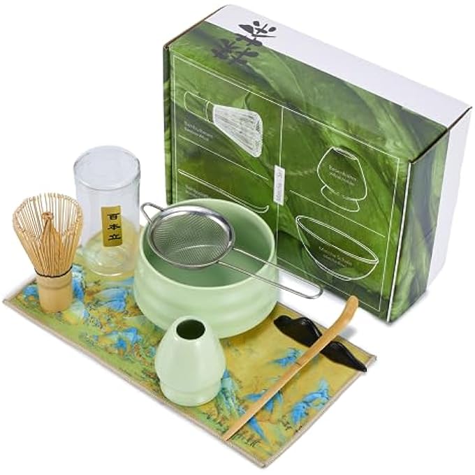 Nekit Matcha Whisk Set Japanese Matcha Tea Set 7Pcs Include Matcha BowlBamboo Matcha Whisk Chasen Scoop Chashaku Whisk HolderStainless Steel Tea SifterTea Making Kit - Image 1