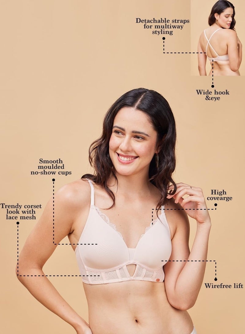 enamor Women Adjustable and Detachable 2 Ways Style Molded Cup Non-Wire T-Shirt Bra Pearl Blush - Image 5