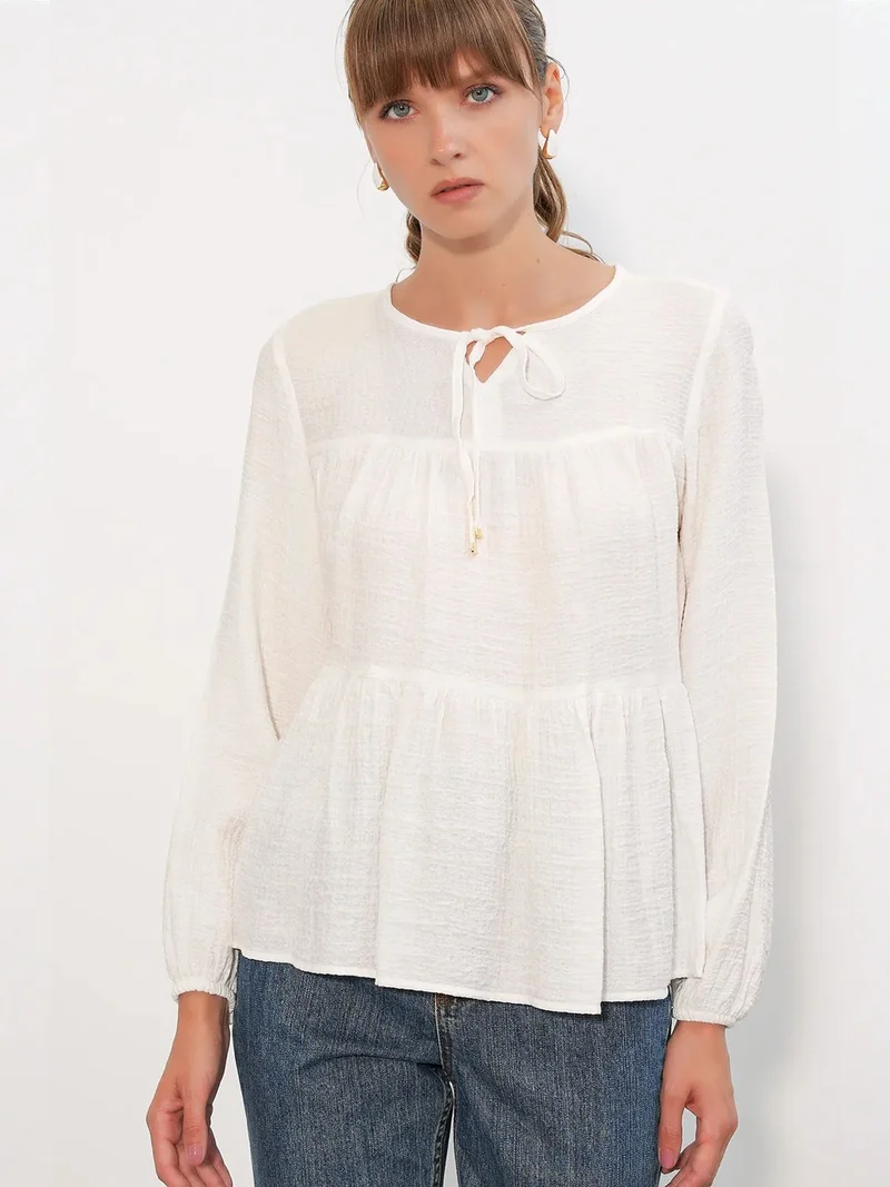 Big Dart Dusty White BDART Textured Tie-Front Blouse for Women | Best Price UAE