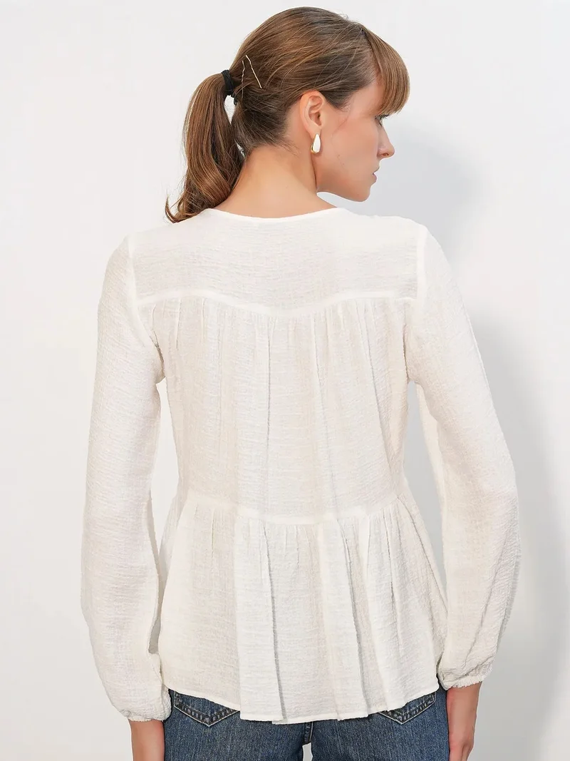 Big Dart Dusty White BDART Textured Tie-Front Blouse for Women | Best Price UAE