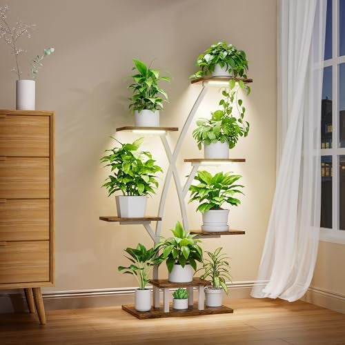 EVAWOO Plant Stand Indoor with Grow Lights - 7 Tiered Plant Shelf Indoor, Corner Plant Stands for Indoor Plants Multiple, 42" Metal Plant Shelves, Plant Flower Holder Display Rack for Home Patio Balcony White - Image 1